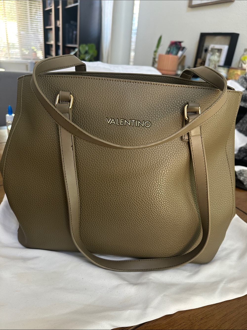 Valentino Superman Pebble Taupe Tote with Gold Hardware